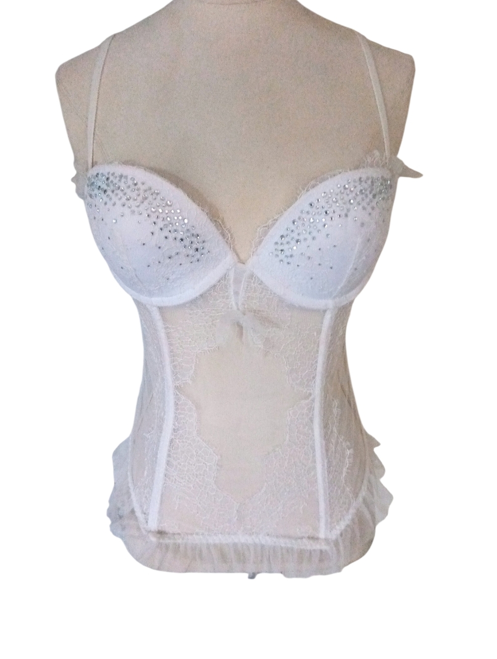 Victorias Secret White Dream Angels Lace Rhinestones Bustier Corset Size 34C EUC